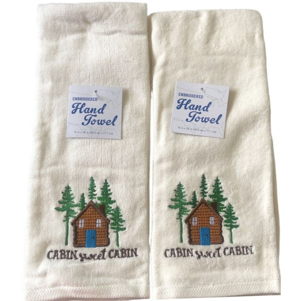 Cabin Sweet Cabin Hand Towels Embroidered Home Bathroom Rustic Camp Set of 2